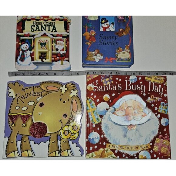 4 Christmas Board Books Lot Here Comes Santa Busy Day Snowy Stories Reindeer - Picture 2 of 13